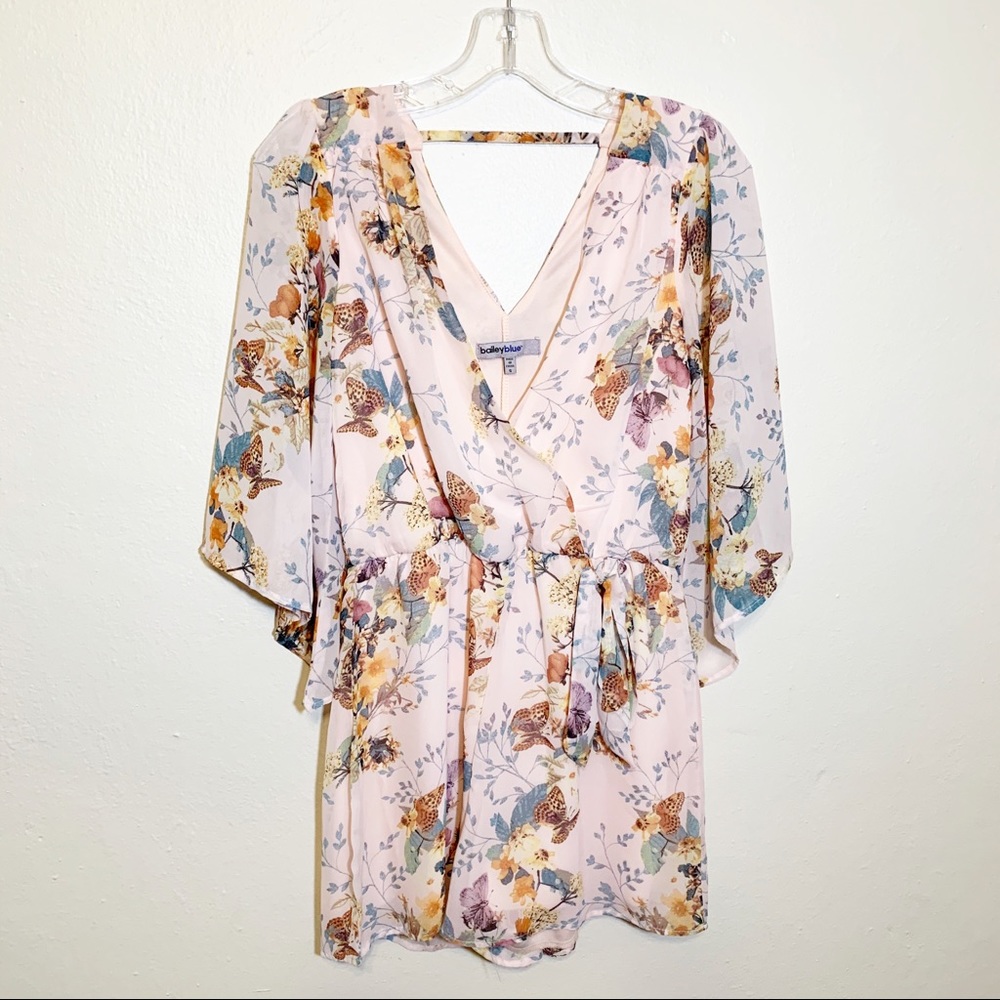 BAILEY BLUE Baby Pink Floral Butterfly Bell Sleeve Romper